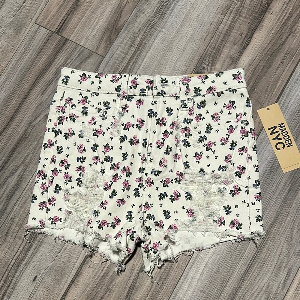 Madden Girl Floral Jean Shorts - White and Pink